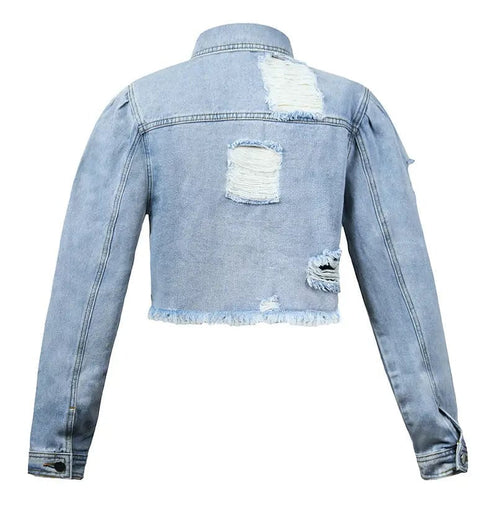 Distressed Light Wash Blue Denim Coat with Ripped Hem, Women's Jeans Collection
