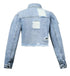 Distressed Light Wash Blue Denim Coat with Ripped Hem, Women's Jeans Collection