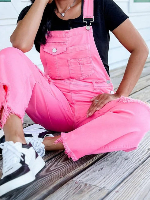 Distressed Pink Denim Overall with Wide Leg