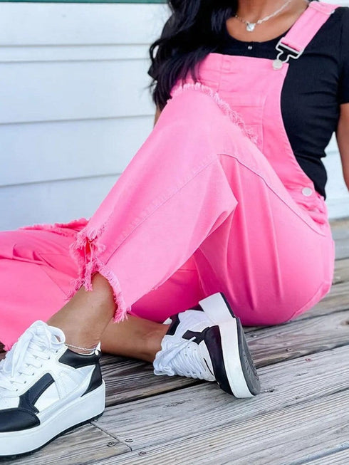 Distressed Pink Denim Overall with Wide Leg