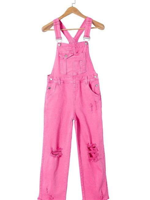 Distressed Pink Denim Overall with Wide Leg