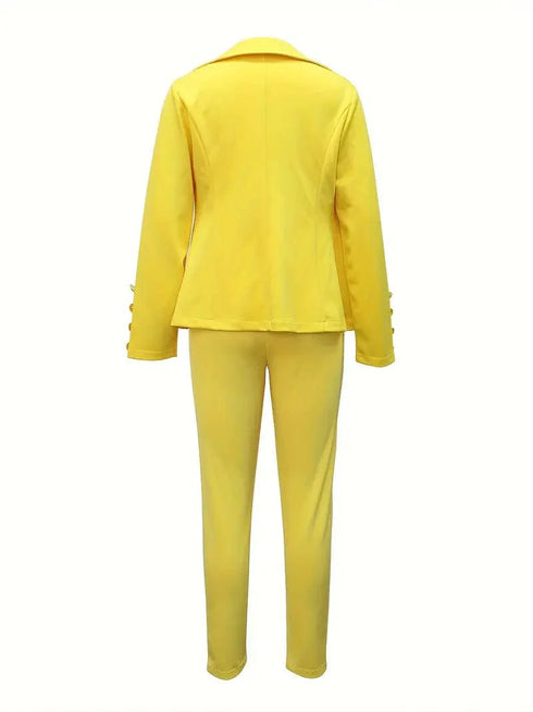 Double-breasted Lapel Blazer & Slim Pants Set for Women's Business Attire