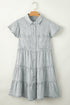 Down Loose Short Sleeve Denim Jean Dress - Drop Shoulder A-Line Paneled Peasant Closed Bateau V-Neck Dress