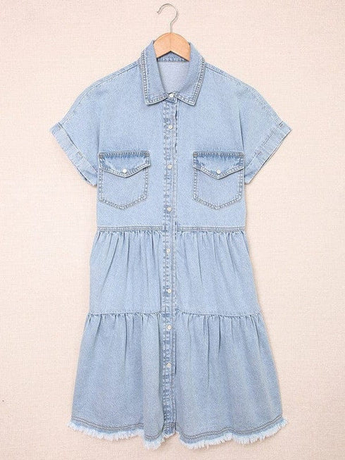 Down Loose Short Sleeve Denim Jean Dress - Drop Shoulder A-Line Paneled Peasant Closed Bateau V-Neck Dress