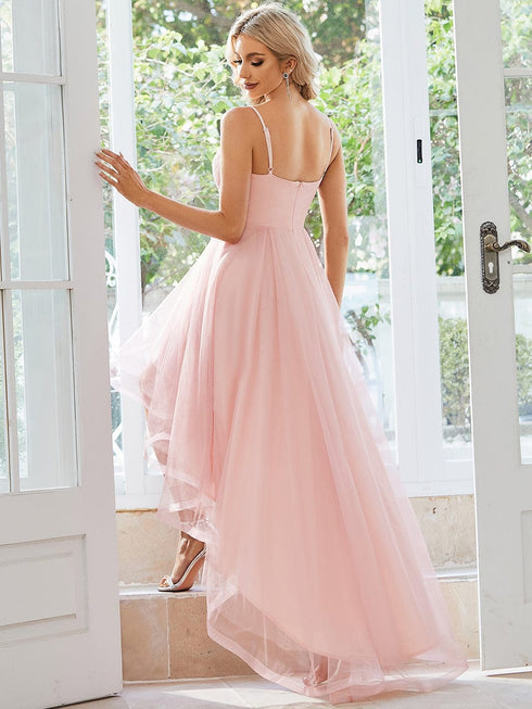 Dramatic High-Low Appliques Mesh Prom Gowns