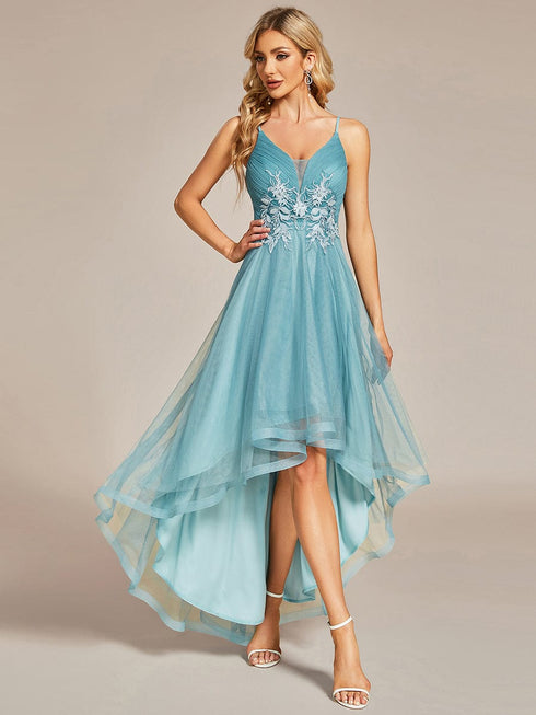 Dramatic High-Low Appliques Mesh Prom Gowns