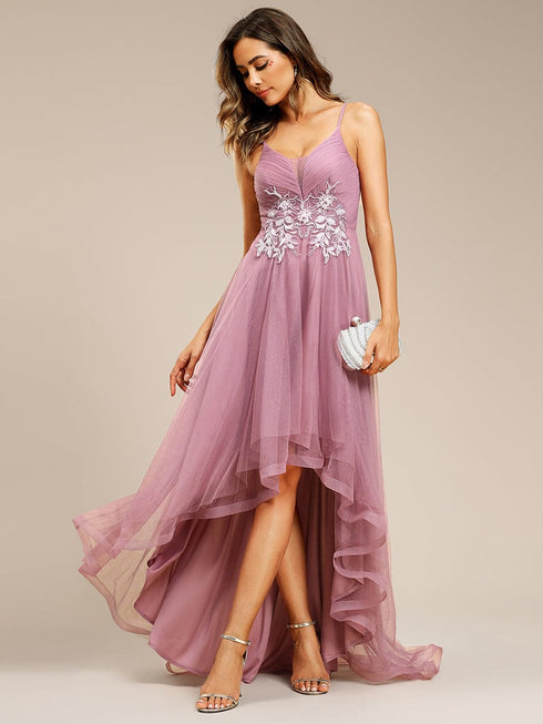 Dramatic High-Low Appliques Mesh Prom Gowns