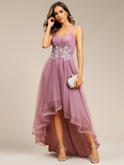 Dramatic High-Low Appliques Mesh Prom Gowns