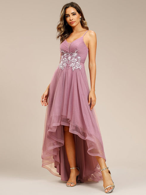 Dramatic High-Low Appliques Mesh Prom Gowns