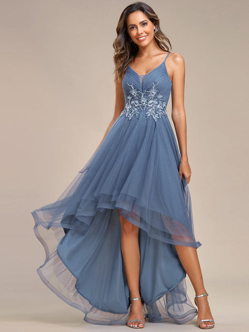 Dramatic High-Low Appliques Mesh Prom Gowns