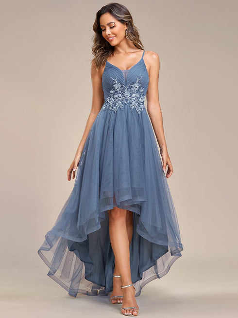 Dramatic High-Low Appliques Mesh Prom Gowns