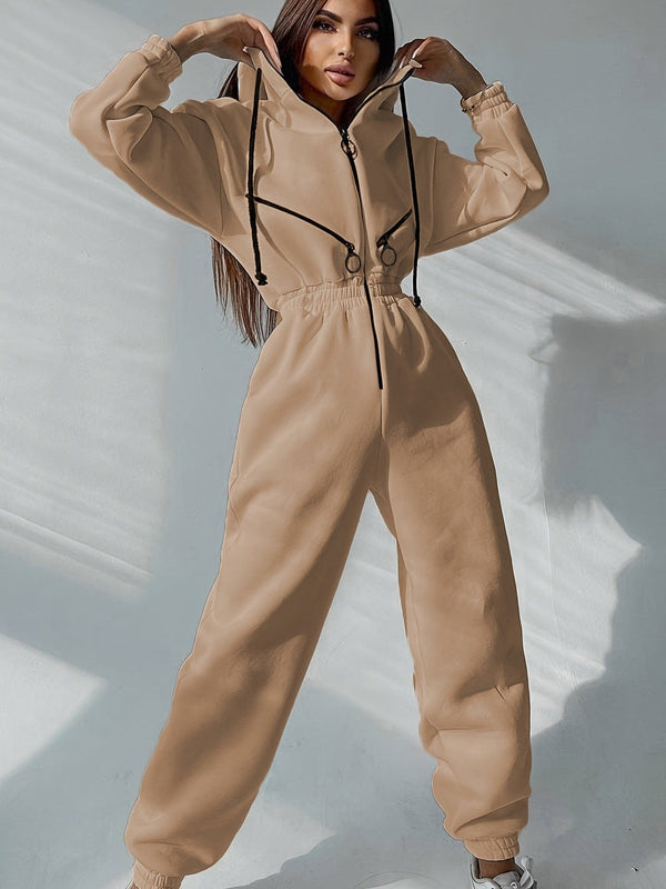 Drawstring Zip-up Pocket One Piece Hooded Sports Jumpsuit
