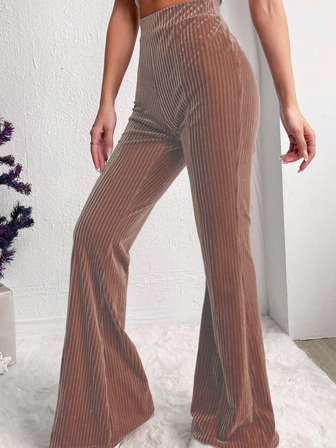 Dusty Pink Solid Color High Waist Flare Corduroy Pants