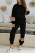 Black Striped Drop Shoulder Round Neck Pullover and Jogger Pants Active Outfit