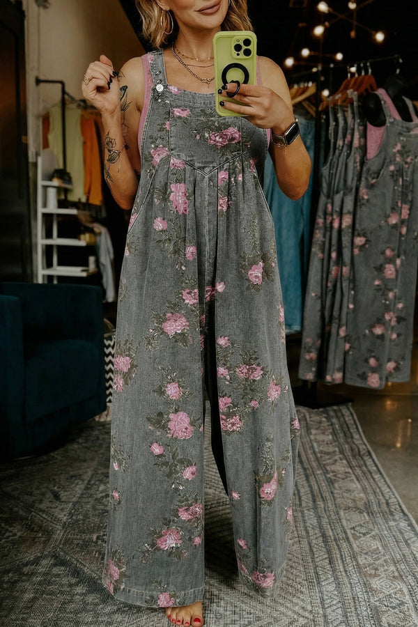 Gray Beau Floral Print Pleated High Waist Wide Leg Denim Jumpsuit