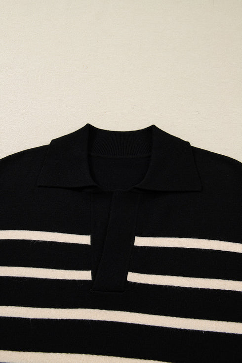 Black Stripe Polo Collar Puff Sleeve Sweater Mini Dress