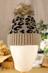 Light French Beige Faux Fur Pompom Leopard Knit Beanie
