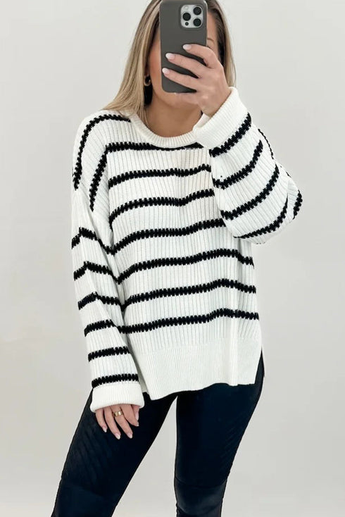 Black Stripe Ribbed Knit Drop Shoulder Loose Sweater