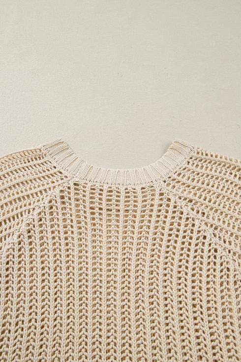 Apricot Plus Size Open Knit Bow Tie Short Sleeve Sweater