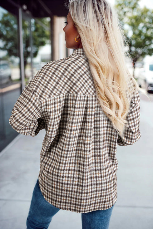 Casual Contrast Corduroy Flap Pocket Patchwork Plaid Shacket