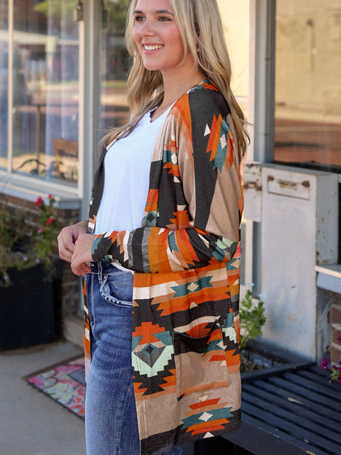 orange-western-tribal-aztec-print-cardigan