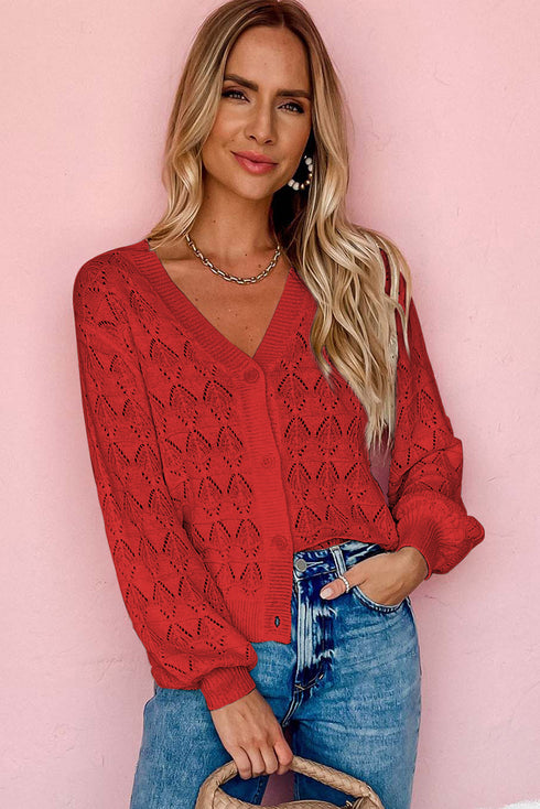 Fiery Red Lightweight Buttoned Front Crochet Cardigan
