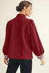 Racing Red Rhombus Textured Striped Patchwork Zip Neck Pullover Sweatshirt