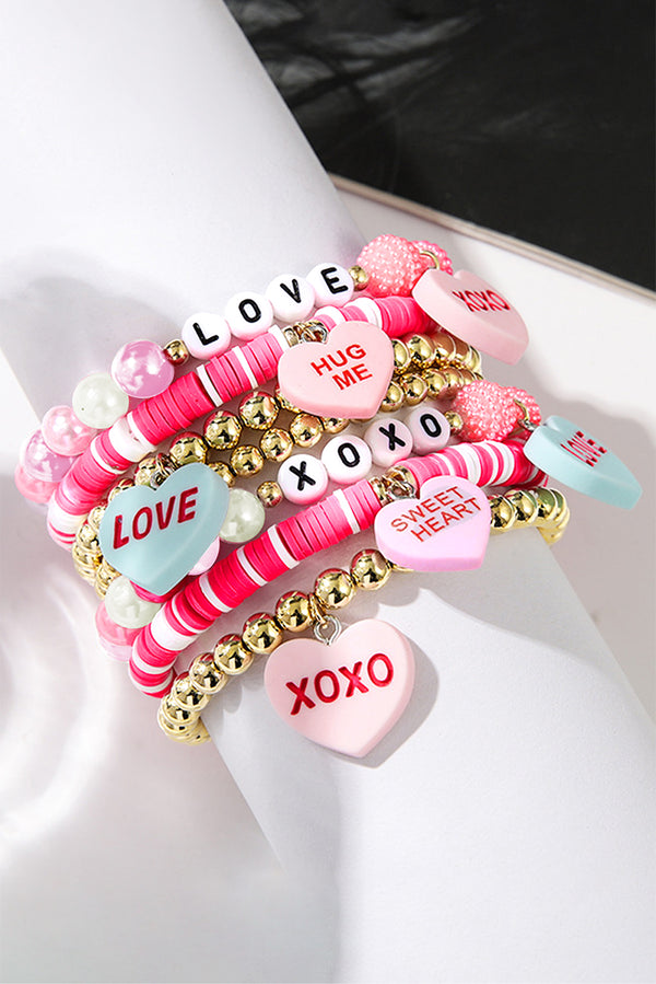 Bonbon Valentine Heart Pendant Beaded Elastic Bracelet Set