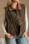 Khaki Stitched Leopard Print Corduroy Trim Contrast Collar Patchwork Vest