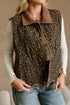 Khaki Stitched Leopard Print Corduroy Trim Contrast Collar Patchwork Vest