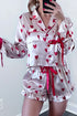 Pink Contrast Ribbon Tie Heart Print Silky Long Sleeve Ruffled Shorts Pjama Set