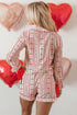 Red Romantic Bow Heart Print Contrast Ribbon Knot Short 2pcs Pajama Set