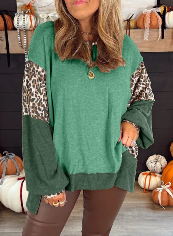 Mist Green Color Block Leopard Patchwork Dolman Sleeve High Low Baggy Sweatshirt