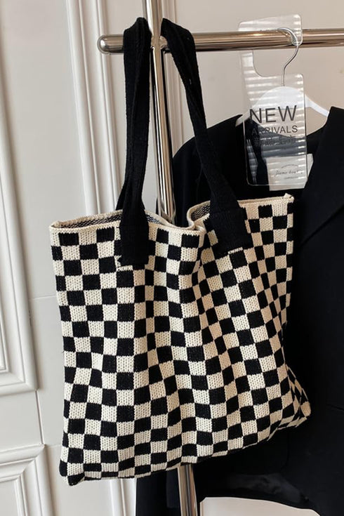 Color black Checkered Knit Eco-Friendly Tote Bag