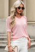 Apricot Pink Solid Color Knit Contrast Hollowed Short Sleeve V Neck Sweater