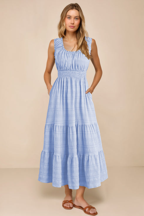 Sky Blue Shirred Pleated Square Neck Sleeveless Midi Dress