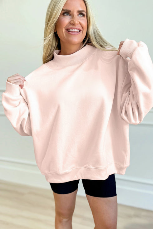 Apricot Pink Oversize Blessed Embroidered Mock Neck Sweatshirt