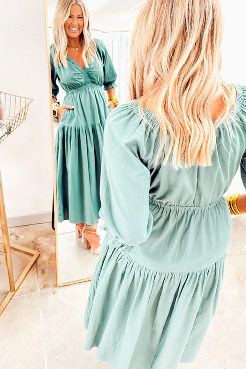 Canton V Neck Frilled Puff Sleeve Cinched Waist Flared Long Dress