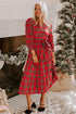 Red Christmas Plaid V Neck 3/4 Sleeve Tie Waist Ruffle Hem Midi Dress