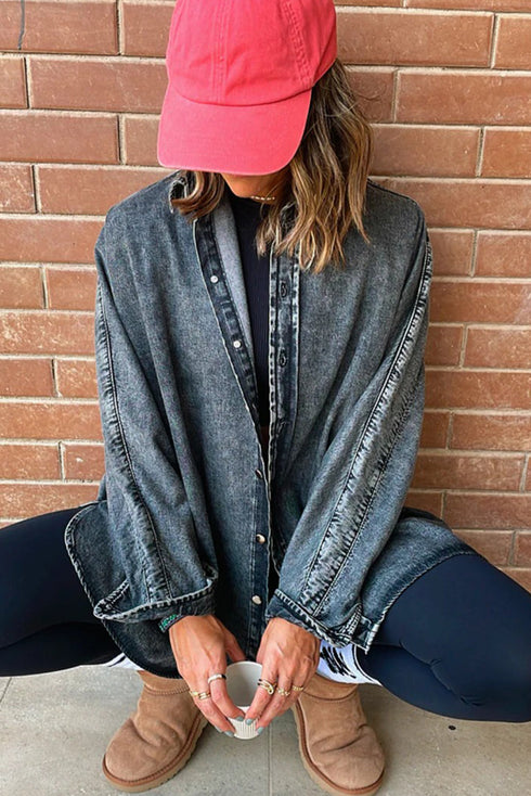 Real Teal Contrast Panel Patchwork Button Down Boyfriend Style Denim Jacket