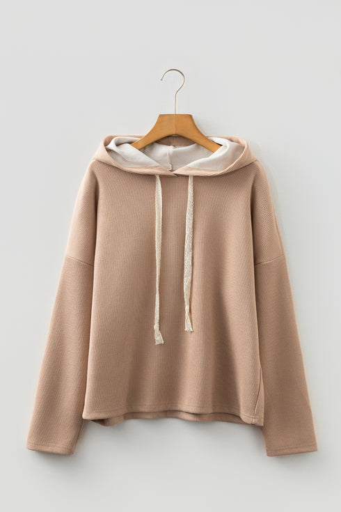 Casual Thermal Textured Lace Drawstring Baggy Hoodie