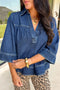 Sail Blue Polo Collar V Neck 3/4 Sleeve Loose Denim Top
