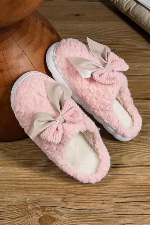 Pink Contrast Bowknot Applique Plush Winter Slippers (Bow Colors May Differ by Batch)