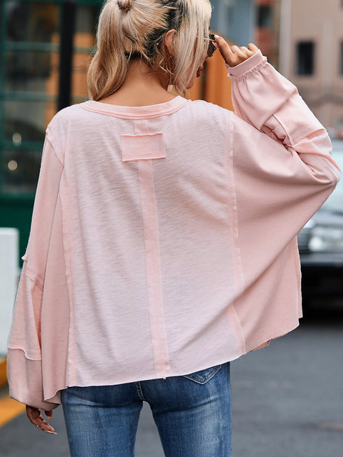 pink-exposed-seam-chest-pocket-loose-sleeve-oversized-top