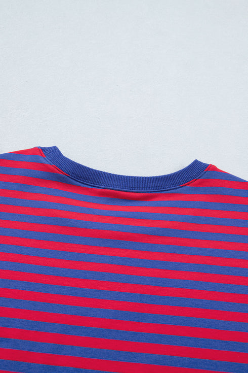 Navy Stripe Striped Ribbed Cotton Two-Piece Short Set with Chest Patch Detail