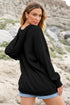Black Oversize Waffle Drop Shoulder Exposed Seam V Neck Hoodie with Pockets
