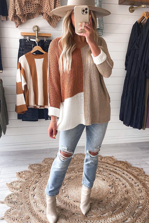 Chestnut Color Block Knit V Neck Loose Sweater