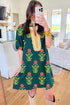 Green Floral Print Contrast Trim Striped Patchwork Short Sleeve Dress