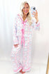 Pink Bow Wreath Pattern Christmas Holiday Tied Front Long Sleeve 2pcs Pajama Set