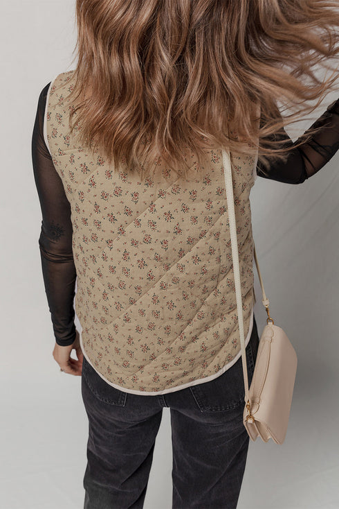 Khaki Floral Print Quilted Concealed Button Vest